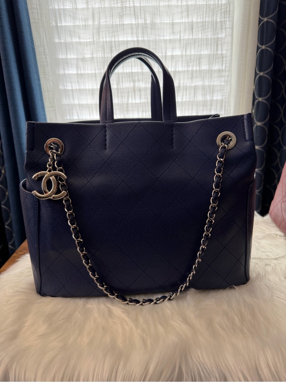 CHANEL Quilted Blue Caviar Leather Pocket Chain CC Charm Tote